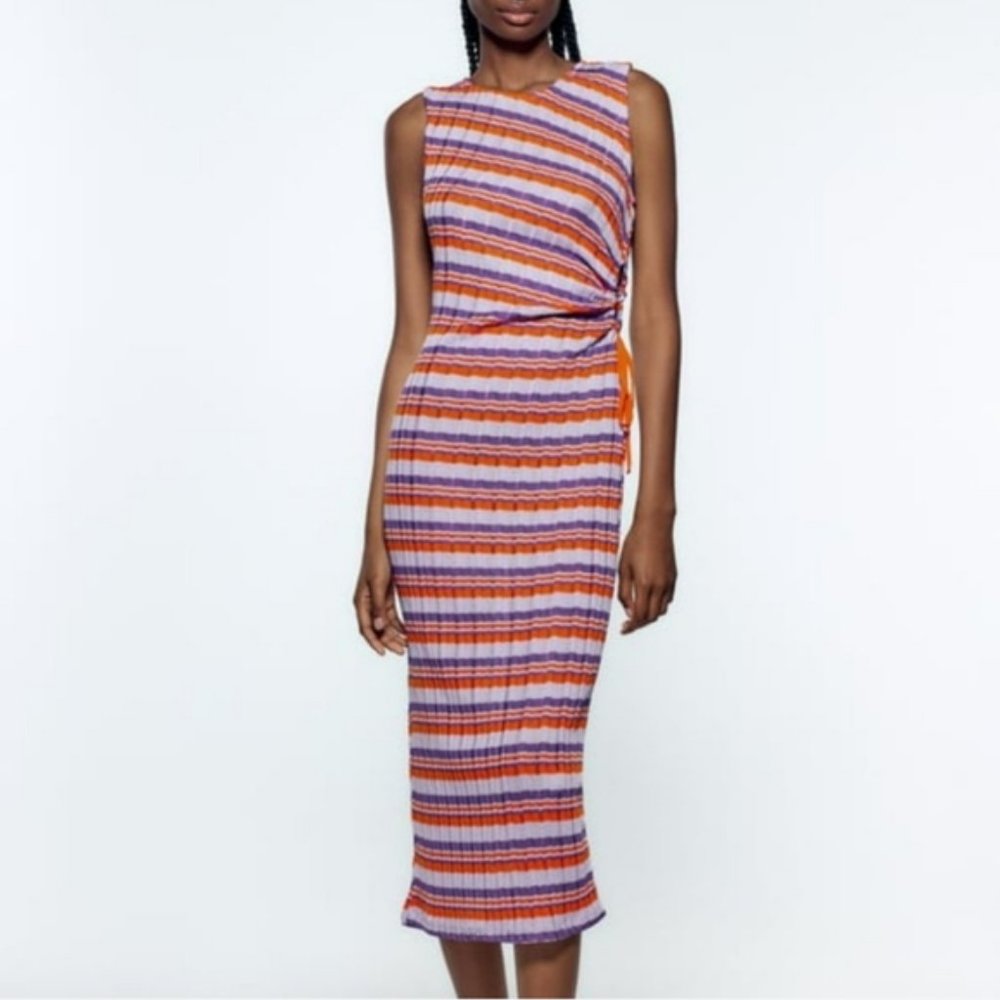 Zara Sleeveless Striped Cut-Out Knit Midi Dress